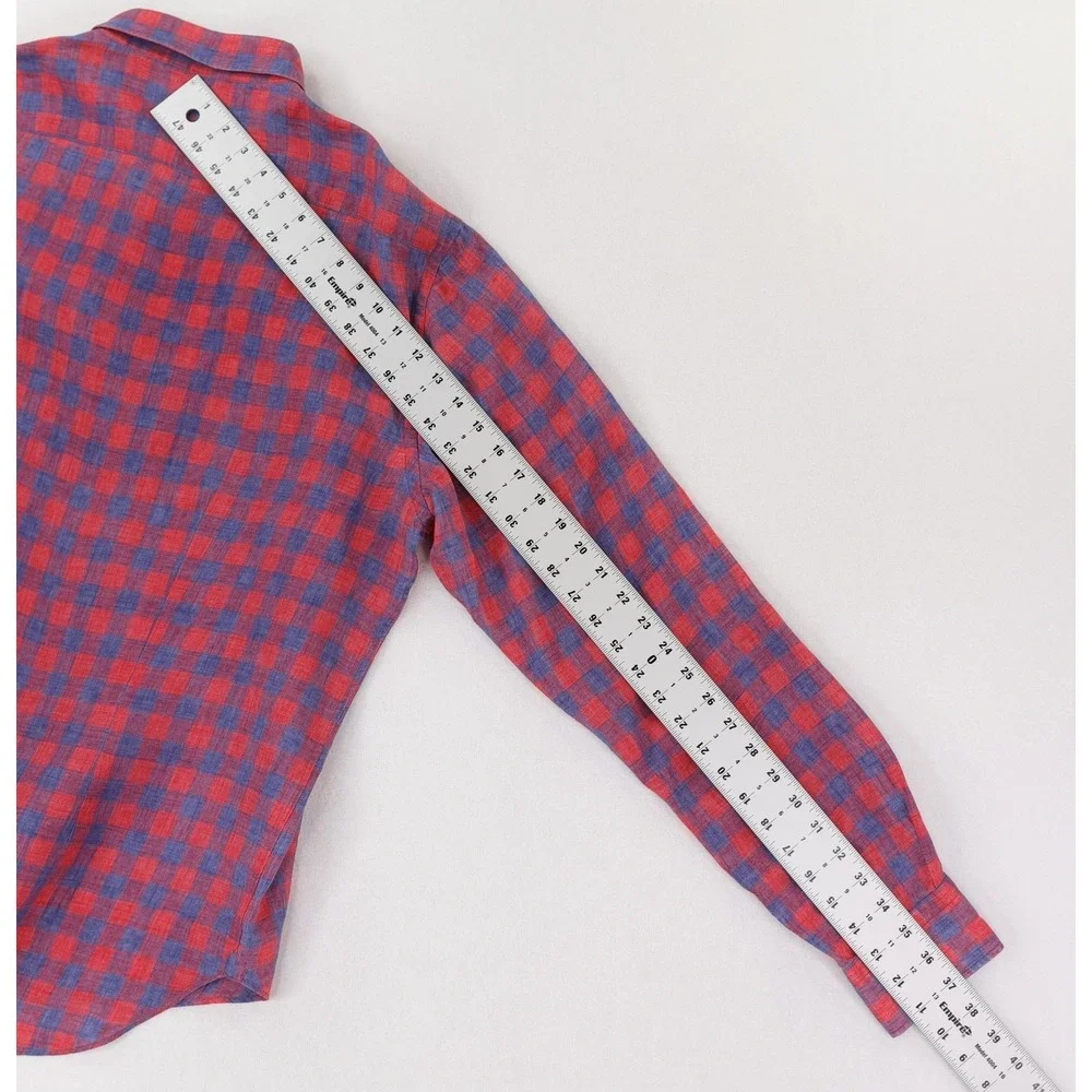 Culturata Shirt Mens XL Red Blue Check Linen Button Up Long Sleeve Made in Italy